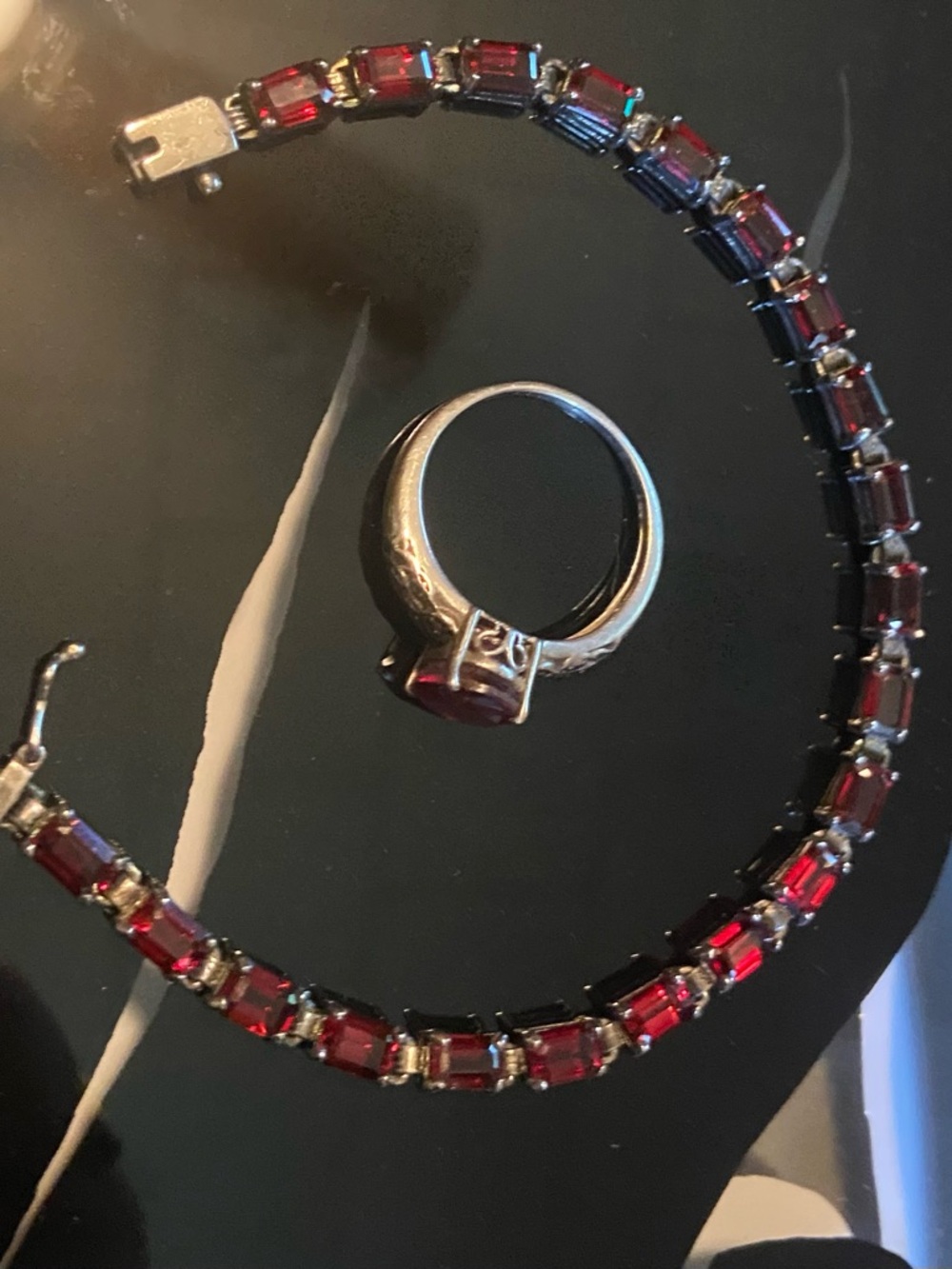 Sterling Silver Ring and Tennis Bracelet Set with Garnet Gemstones